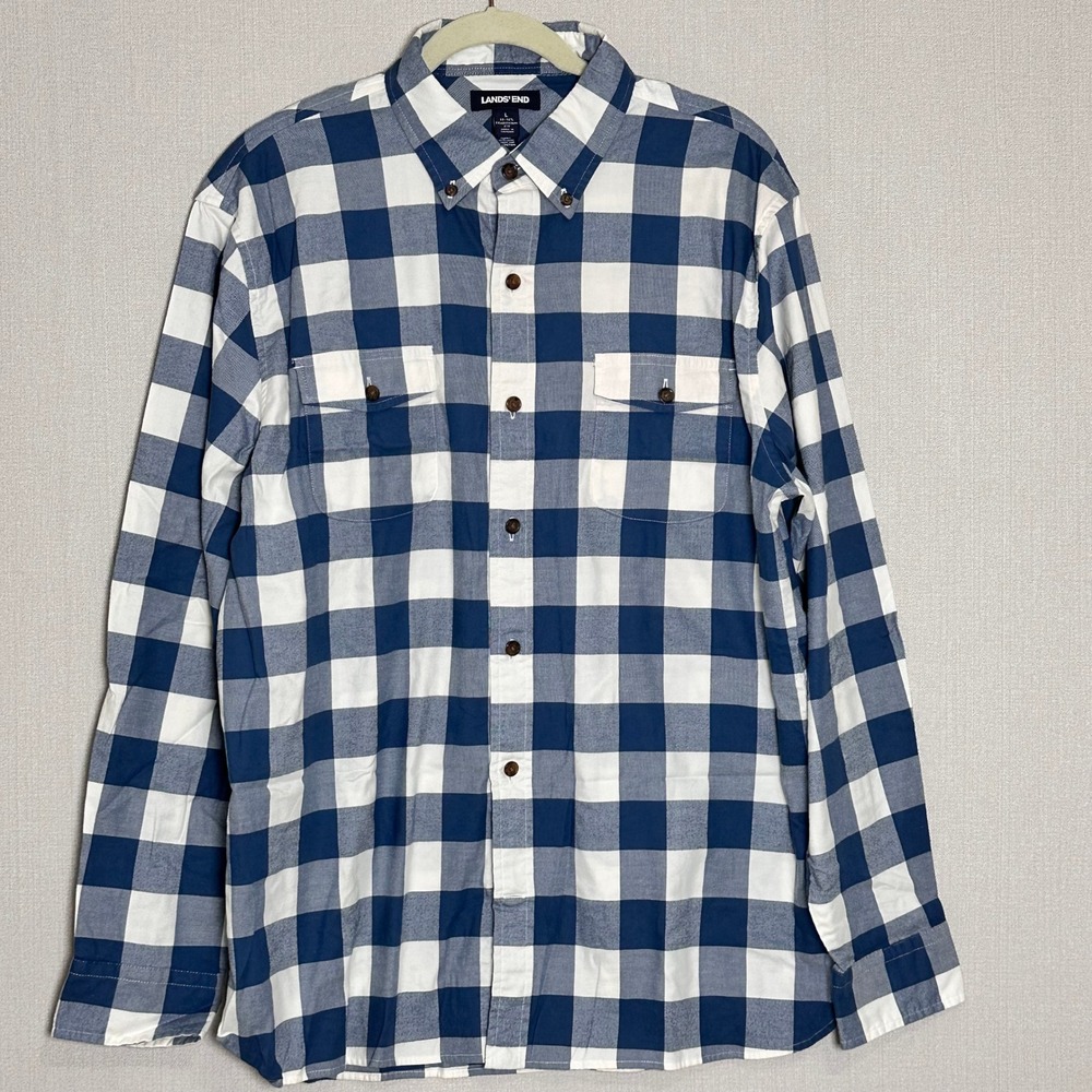Plaid Flannel Button Down Shirt Blue White Lands End Mens Large